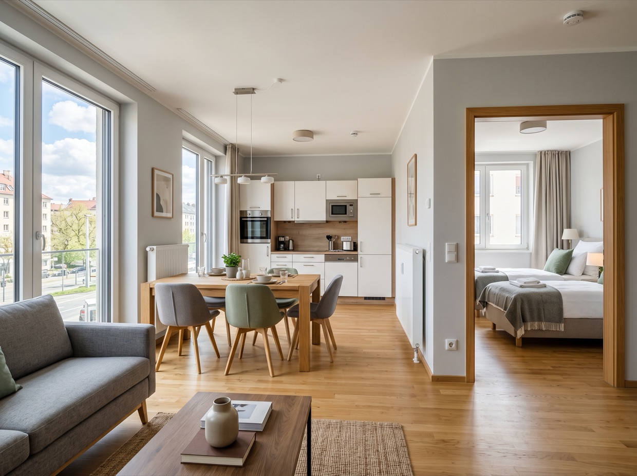 Geräumiges Team-Apartment mit Küche, Esstisch und mehreren Betten