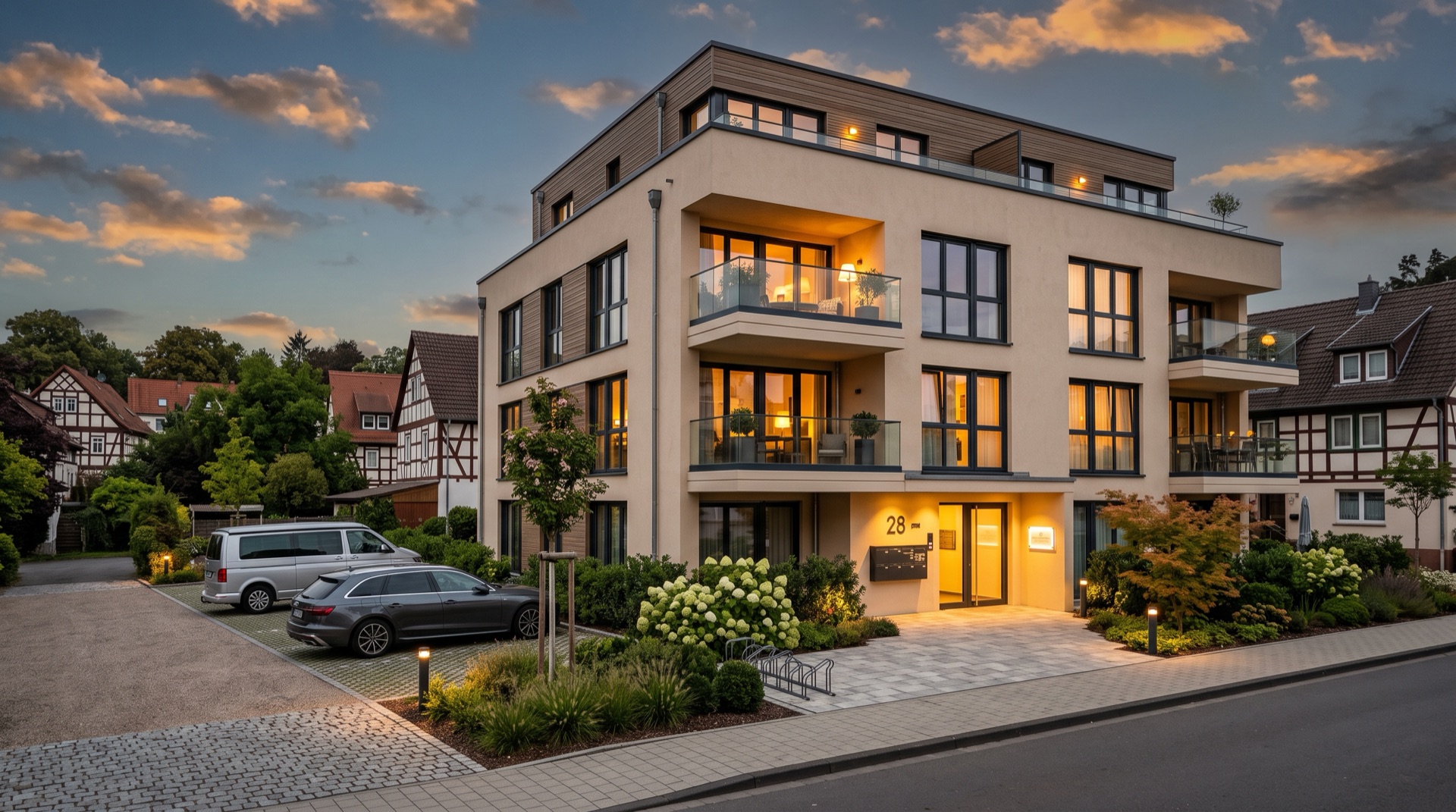 Modernes Apartmenthaus von M&H Apartments in Salzgitter bei Abenddämmerung