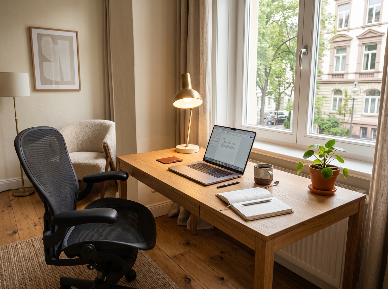 Arbeitsplatz im Apartment mit Laptop, Kaffee und Schreibtisch